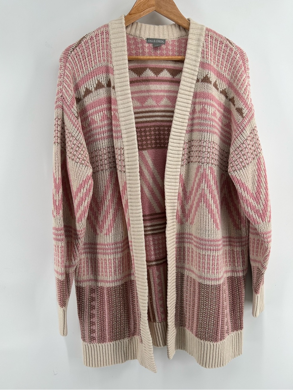Falls Creek Cream and Pink Geometric Open-Front Cardigan Women's Size L/XL